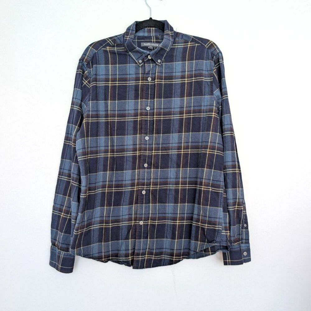 Slate & Stone Blue Tartan plaid Button Up Long Sleeve Collared Shirt Sz L